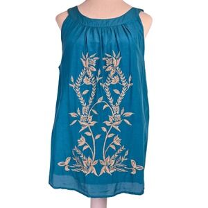 Style & Co Petite Women's Embroidered Tunic Top 14P Teal Sleeveless Cotton Silk